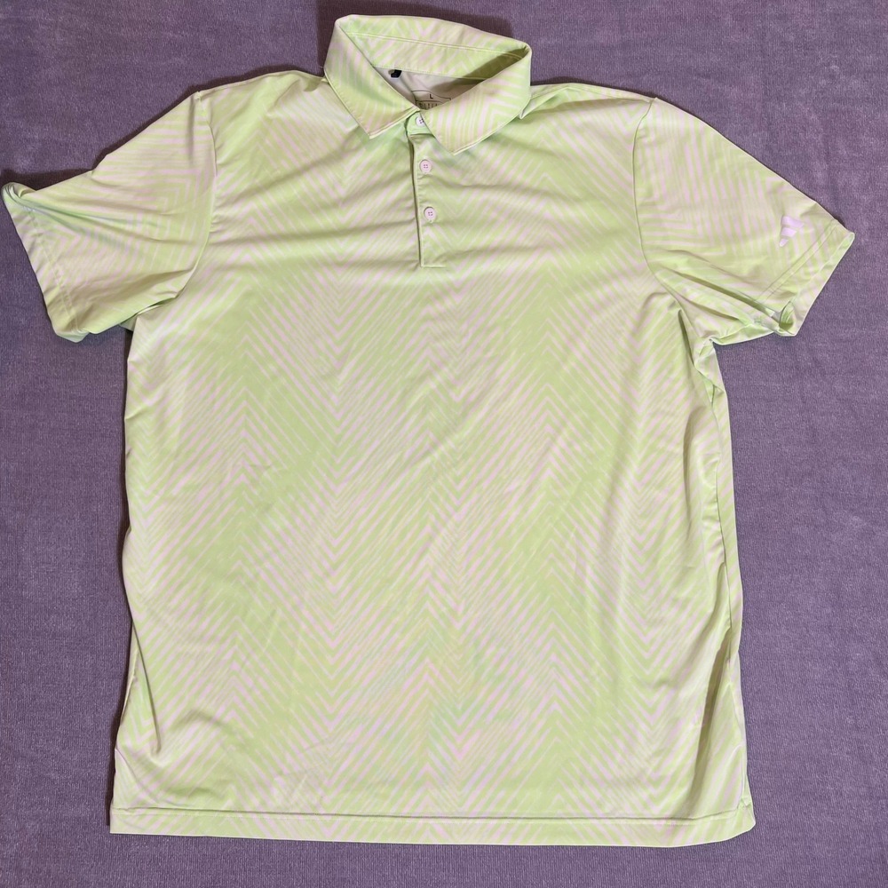 Adidas Mens Golf Polo Shirt Large Lime Green White Chevron Zigzag Performance
